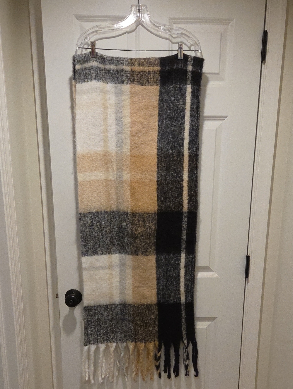 Sonoma Plaid Fringe Scarf in Cream, Tan & Black